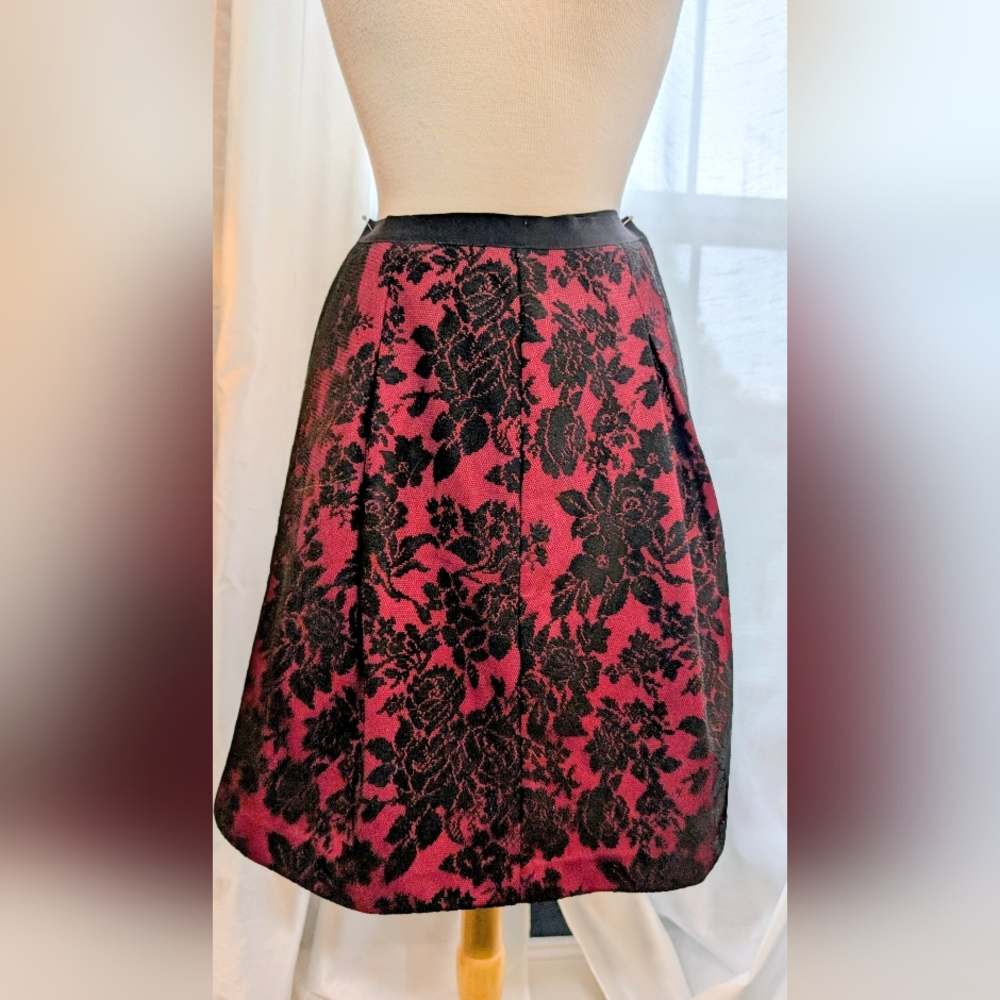 White House Black Market Black Floral Overlay on Red A-Line Skirt